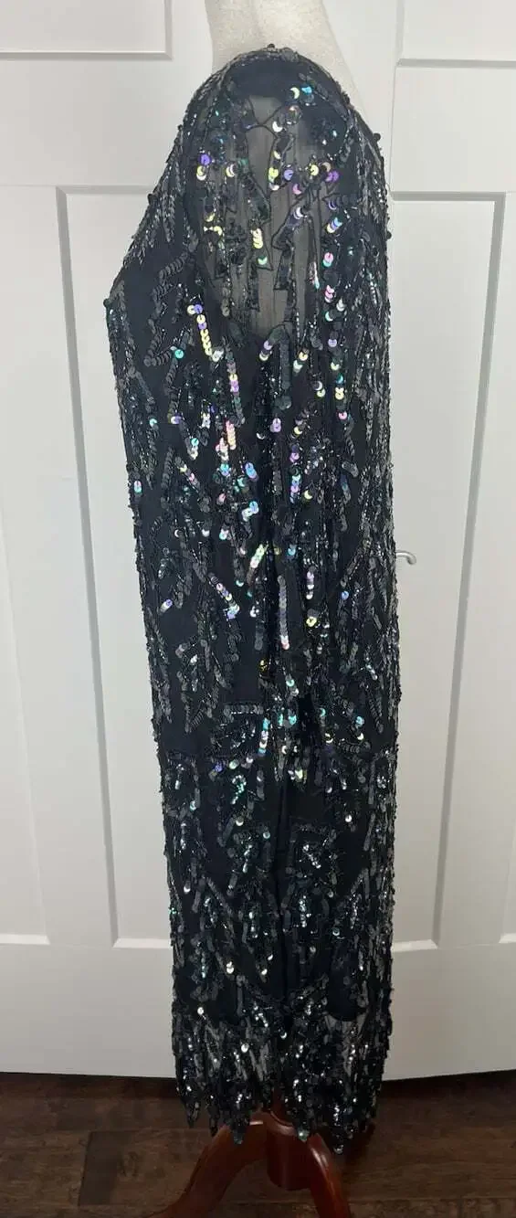 Vintage Carina Silk Sequin Dress M Iridescent Beaded Lace Sheath Cocktail Formal